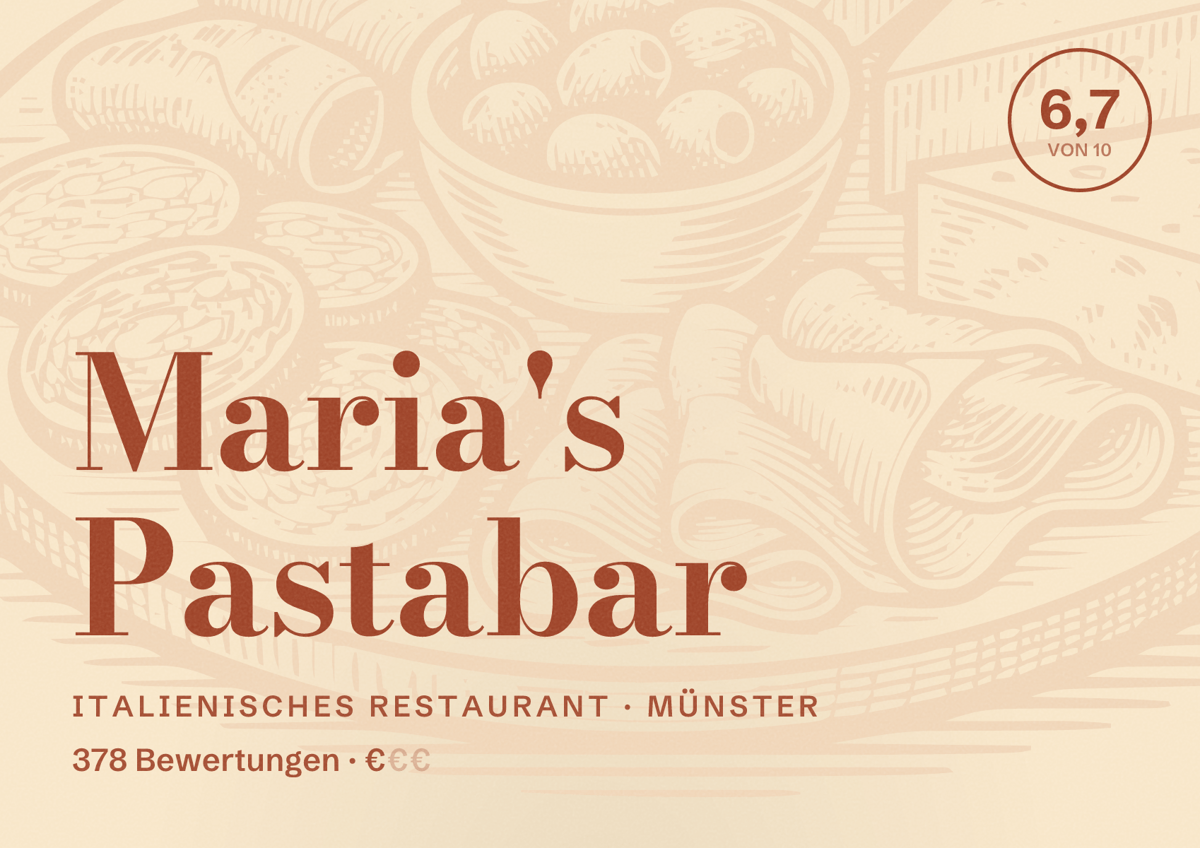 Illustriertes Poster von Maria's Pastabar, Italienisches Restaurant in Münster: Bewertung 6,7 von 10 aus 378 Bewertungen, Preisniveau €