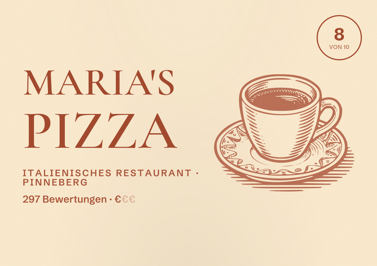 Illustriertes Poster von Maria's Pizza, Italienisches Restaurant in Pinneberg: Bewertung 8 von 10 aus 297 Bewertungen, Preisniveau €