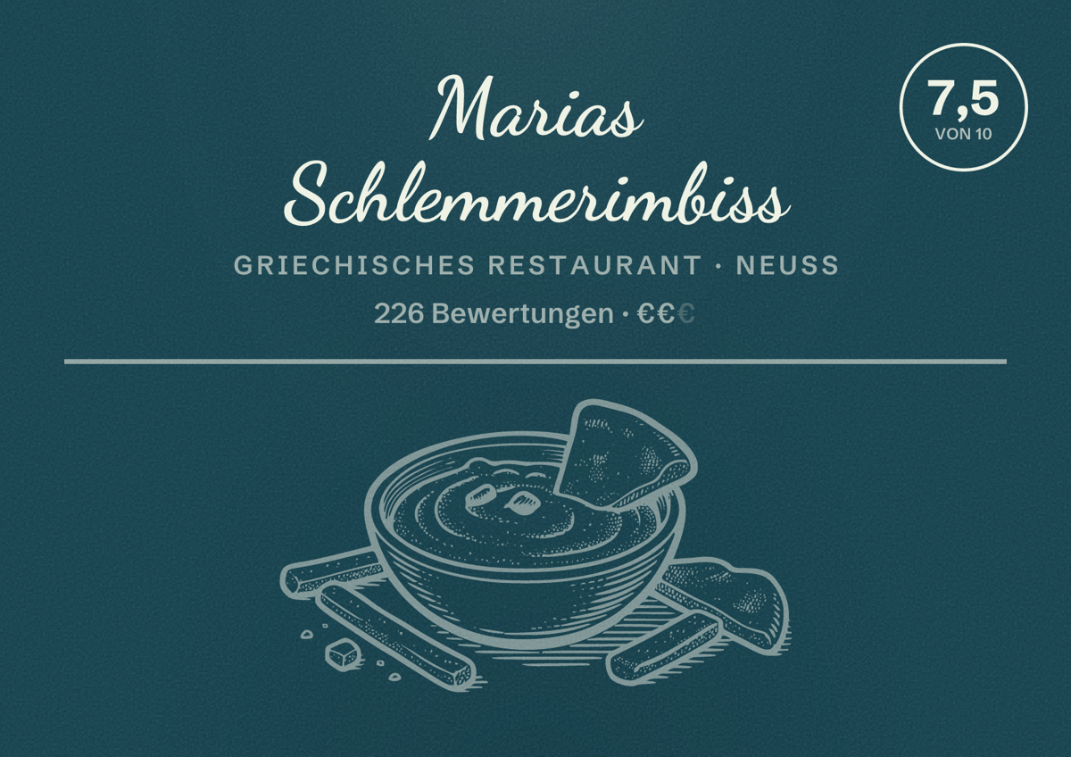 Illustriertes Poster von Marias Schlemmerimbiss, Griechisches Restaurant in Neuss: Bewertung 7,5 von 10 aus 226 Bewertungen, Preisniveau €€