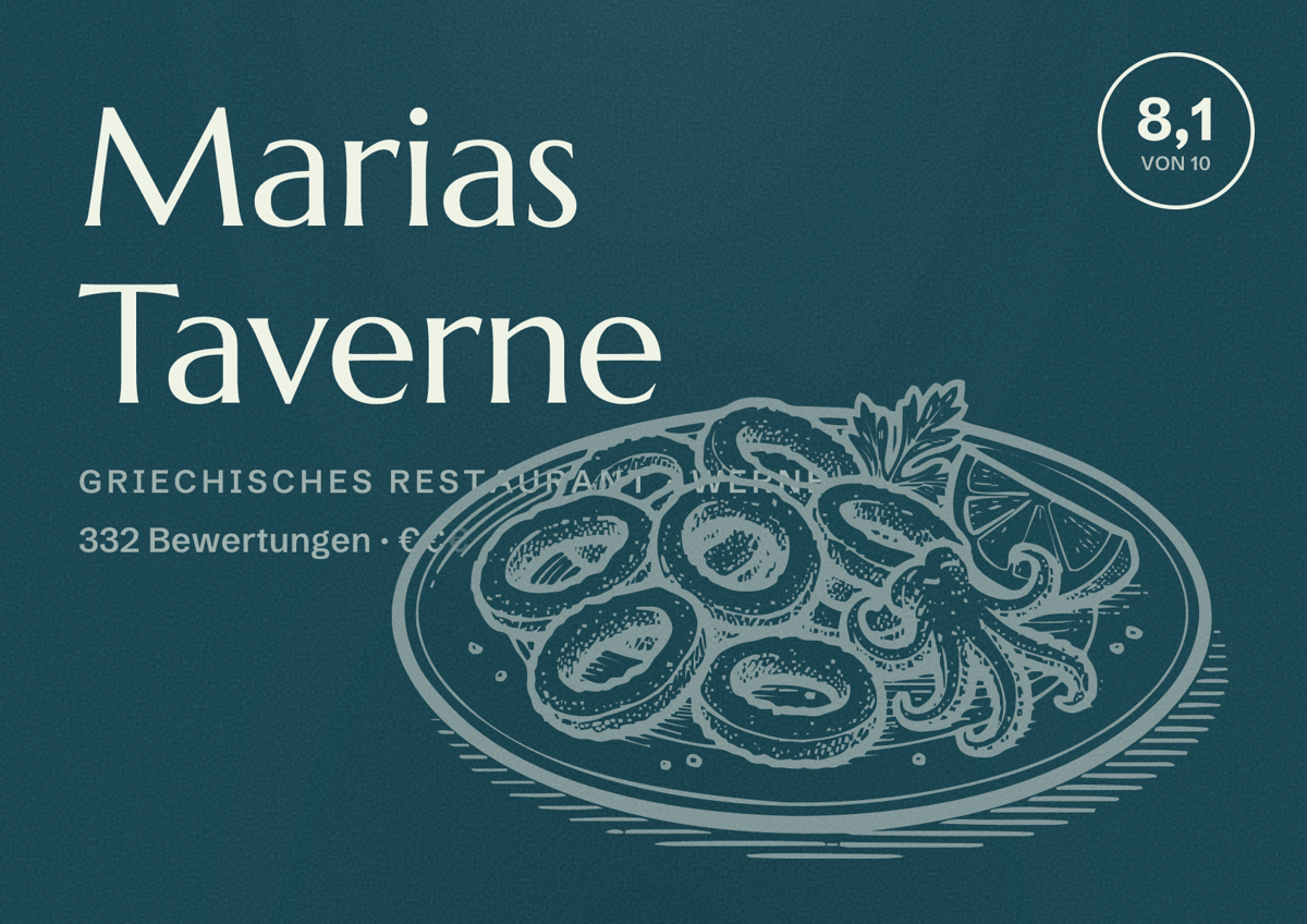 Illustriertes Poster von Marias Taverne, Griechisches Restaurant in Werne: Bewertung 8,1 von 10 aus 332 Bewertungen, Preisniveau €€