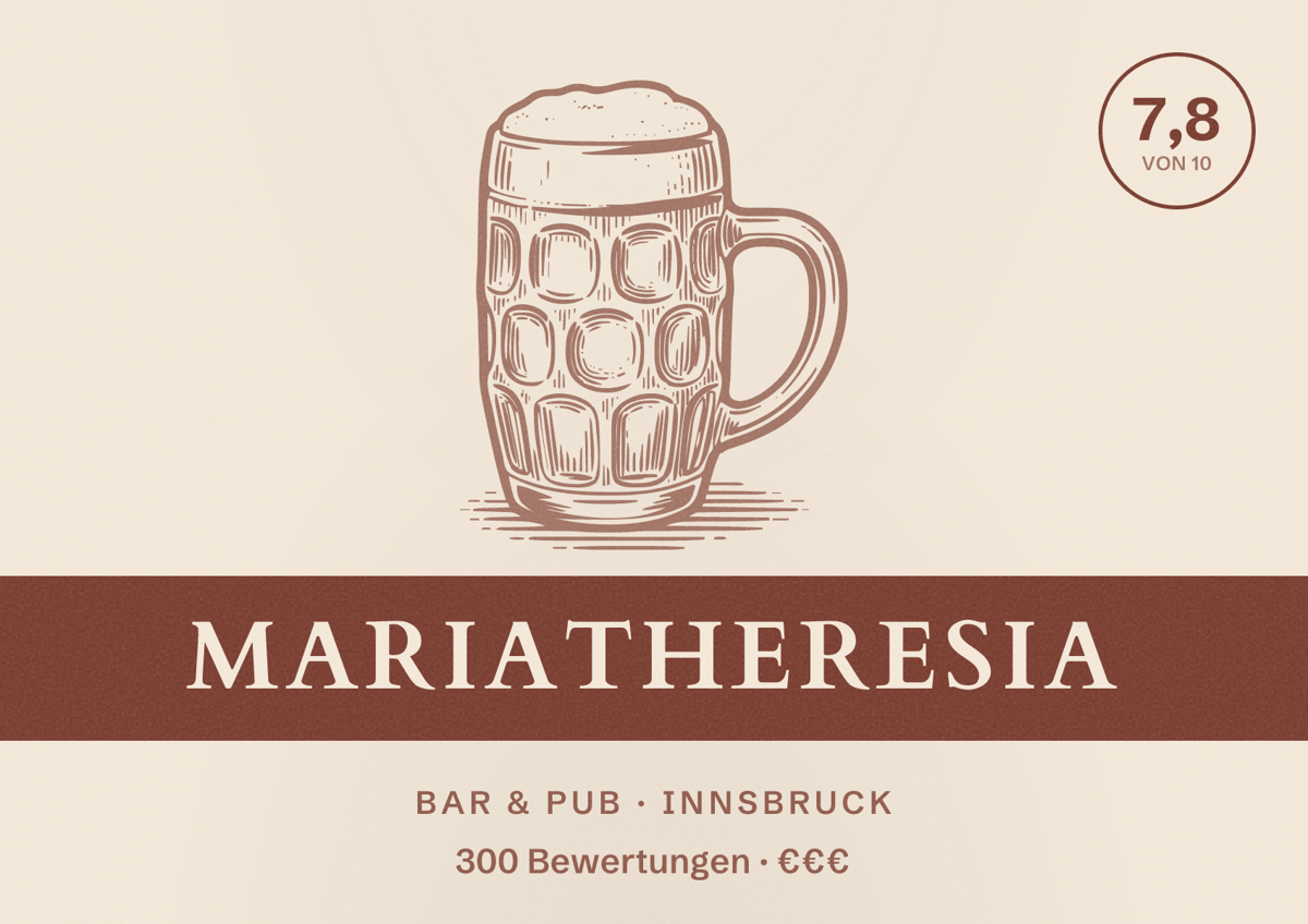 Illustriertes Poster von mariatheresia, Bar & Pub in Innsbruck: Bewertung 7,8 von 10 aus 300 Bewertungen, Preisniveau €€€