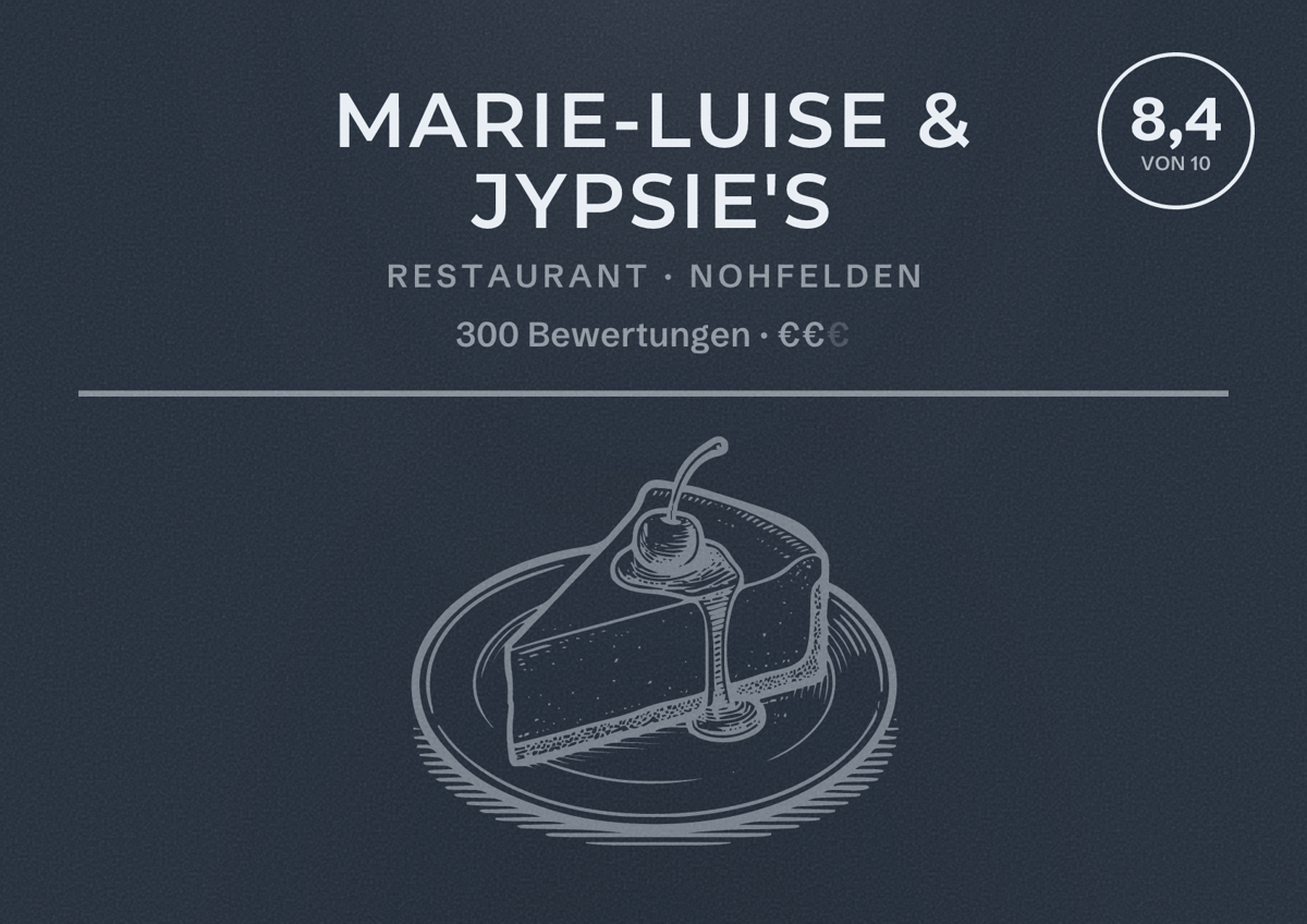 Illustriertes Poster von Marie-Luise & Jypsie's, Restaurant in Nohfelden: Bewertung 8,4 von 10 aus 300 Bewertungen, Preisniveau €€