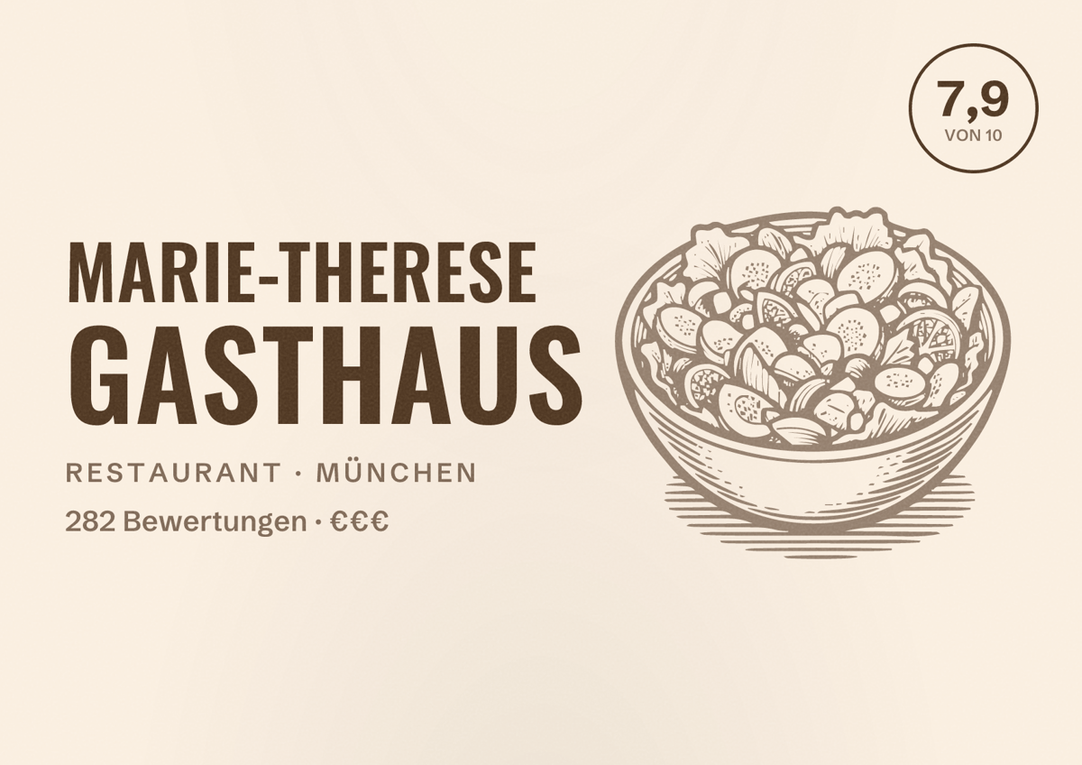Illustriertes Poster von Marie-Therese Gasthaus, Restaurant in München: Bewertung 7,9 von 10 aus 282 Bewertungen, Preisniveau €€€