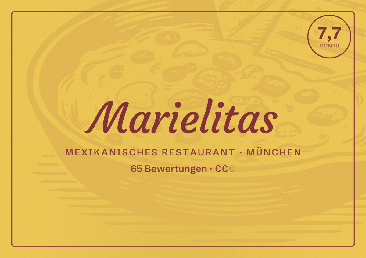 Illustriertes Poster von Marielitas, Mexikanisches Restaurant in München: Bewertung 7,7 von 10 aus 65 Bewertungen, Preisniveau €€