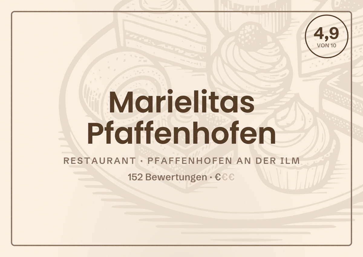 Illustriertes Poster von Marielitas Pfaffenhofen, Restaurant in Pfaffenhofen an der Ilm: Bewertung 4,9 von 10 aus 152 Bewertungen, Preisniveau €