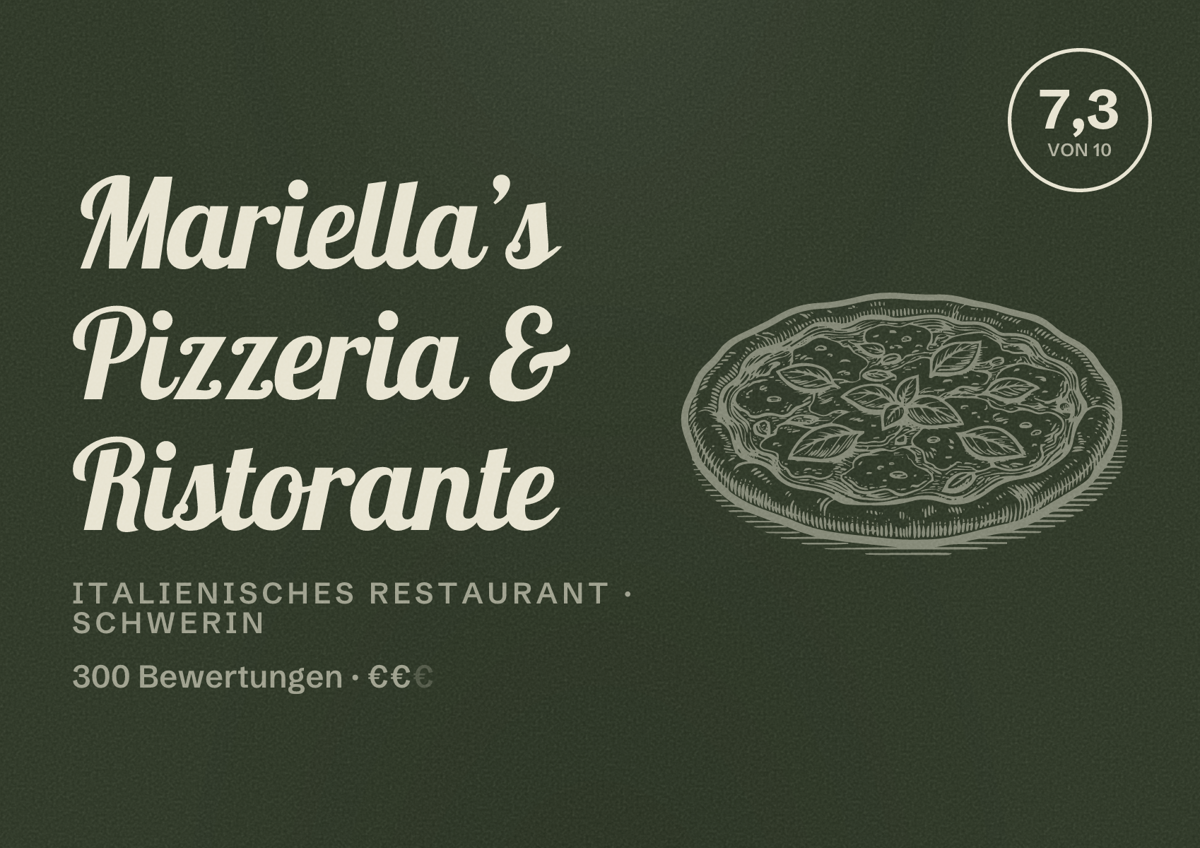 Illustriertes Poster von Mariella’s Pizzeria & Ristorante, Italienisches Restaurant in Schwerin: Bewertung 7,3 von 10 aus 300 Bewertungen, Preisniveau €€