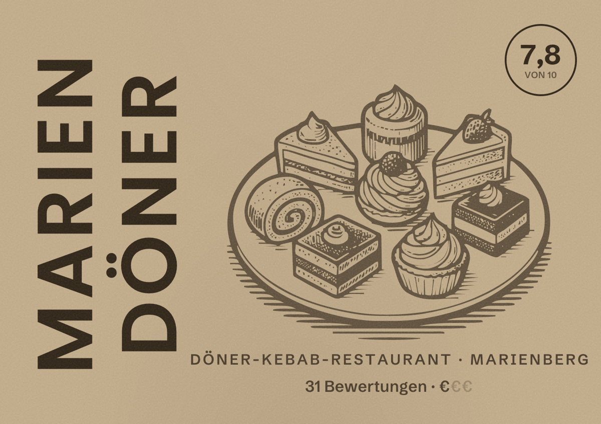 Illustriertes Poster von Marien Döner, Döner-Kebab-Restaurant in Marienberg: Bewertung 7,8 von 10 aus 31 Bewertungen, Preisniveau €