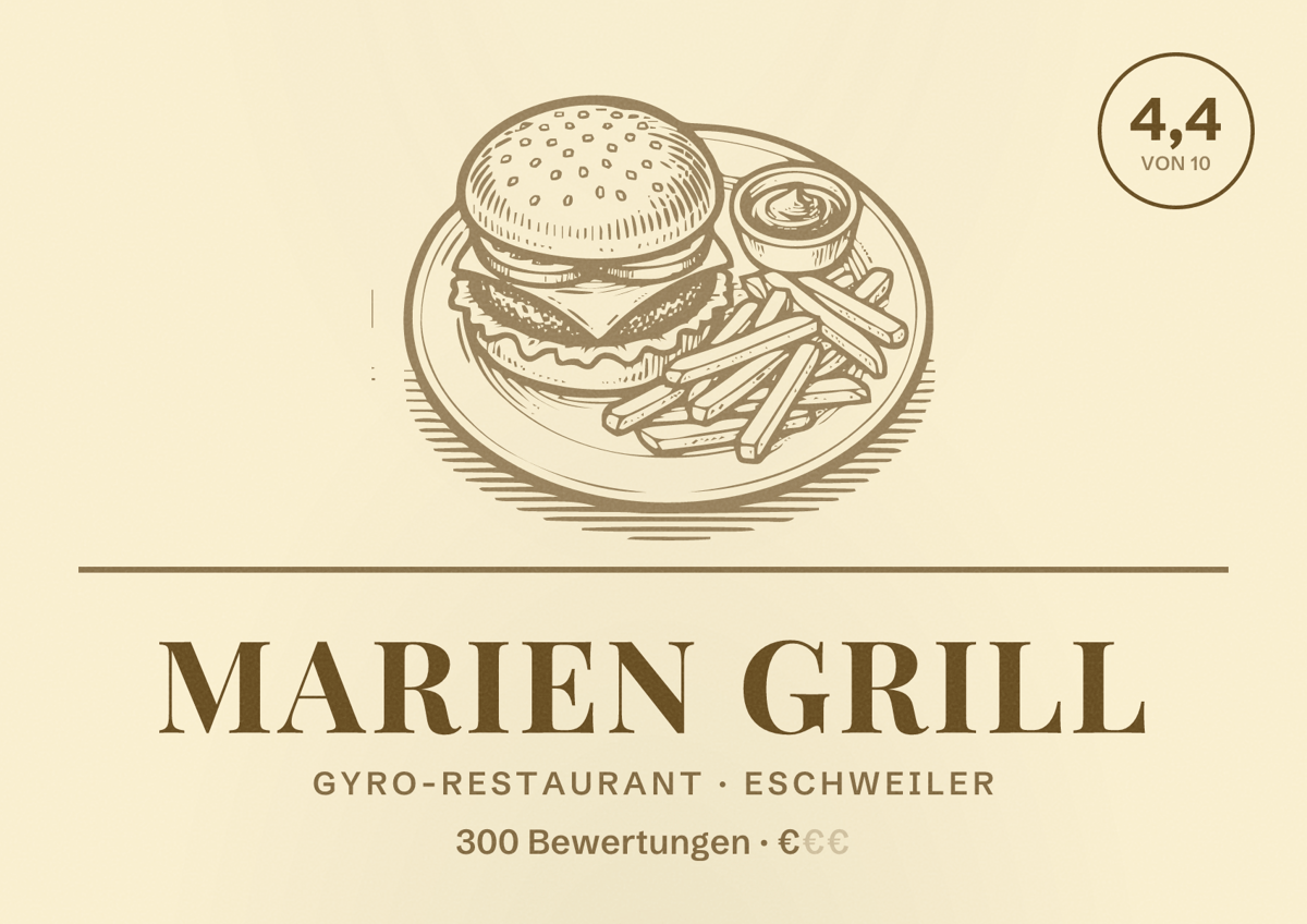 Illustriertes Poster von Marien Grill, Gyro-Restaurant in Eschweiler: Bewertung 4,4 von 10 aus 300 Bewertungen, Preisniveau €