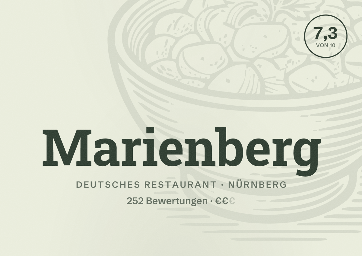 Illustriertes Poster von Marienberg, Deutsches Restaurant in Nürnberg: Bewertung 7,3 von 10 aus 252 Bewertungen, Preisniveau €€