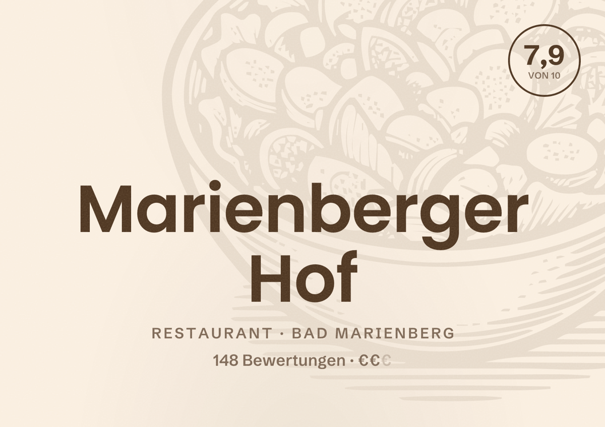 Illustriertes Poster von Marienberger Hof, Restaurant in Bad Marienberg: Bewertung 7,9 von 10 aus 148 Bewertungen, Preisniveau €€