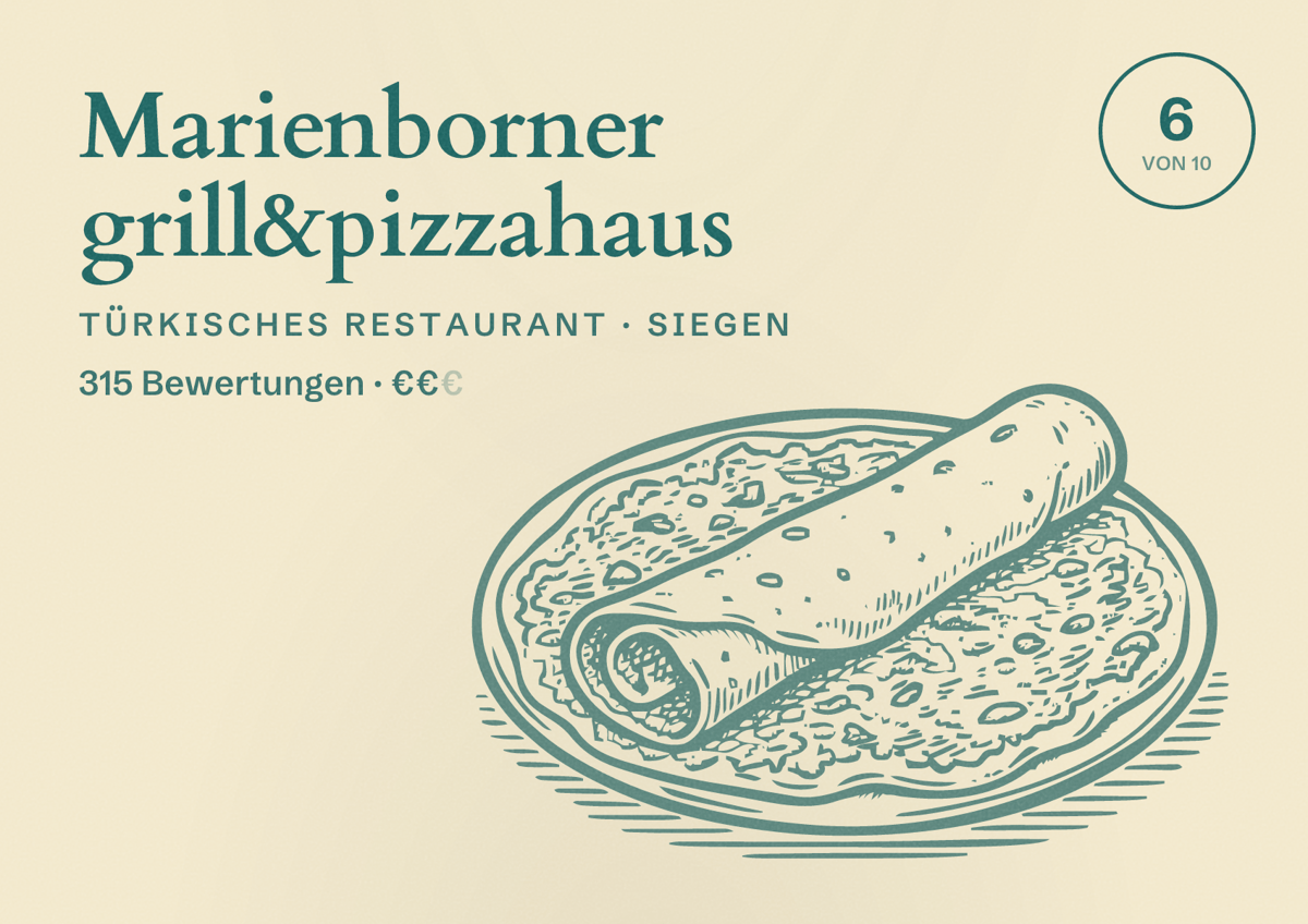 Illustriertes Poster von Marienborner grill&pizzahaus, Türkisches Restaurant in Siegen: Bewertung 6 von 10 aus 315 Bewertungen, Preisniveau €€