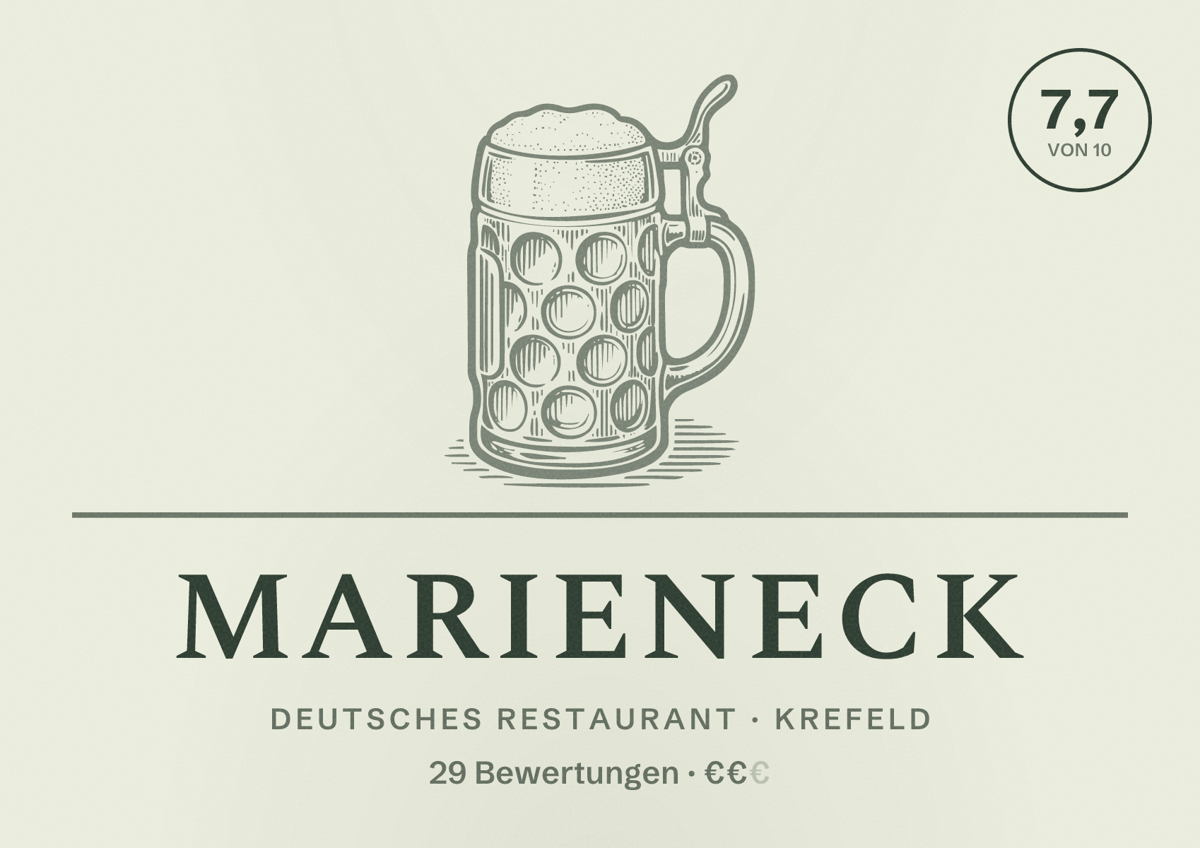 Illustriertes Poster von Marieneck, Deutsches Restaurant in Krefeld: Bewertung 7,7 von 10 aus 29 Bewertungen, Preisniveau €€