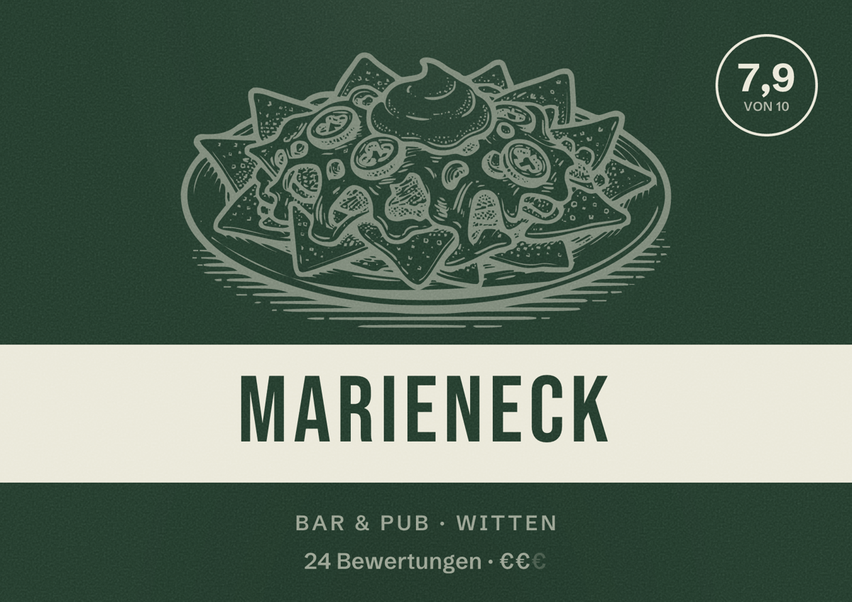 Illustriertes Poster von Marieneck, Bar & Pub in Witten: Bewertung 7,9 von 10 aus 24 Bewertungen, Preisniveau €€
