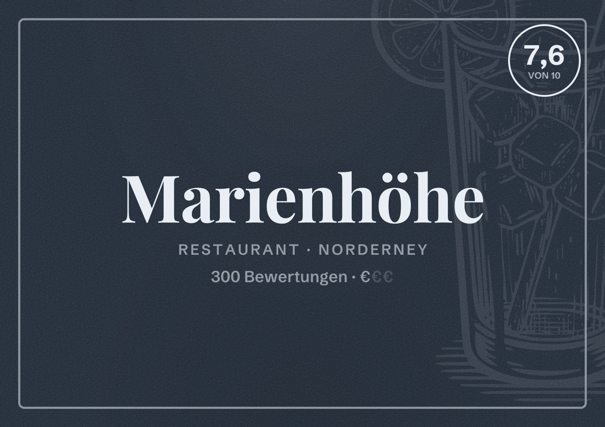 Illustriertes Poster von Marienhöhe, Restaurant in Norderney: Bewertung 7,6 von 10 aus 300 Bewertungen, Preisniveau €
