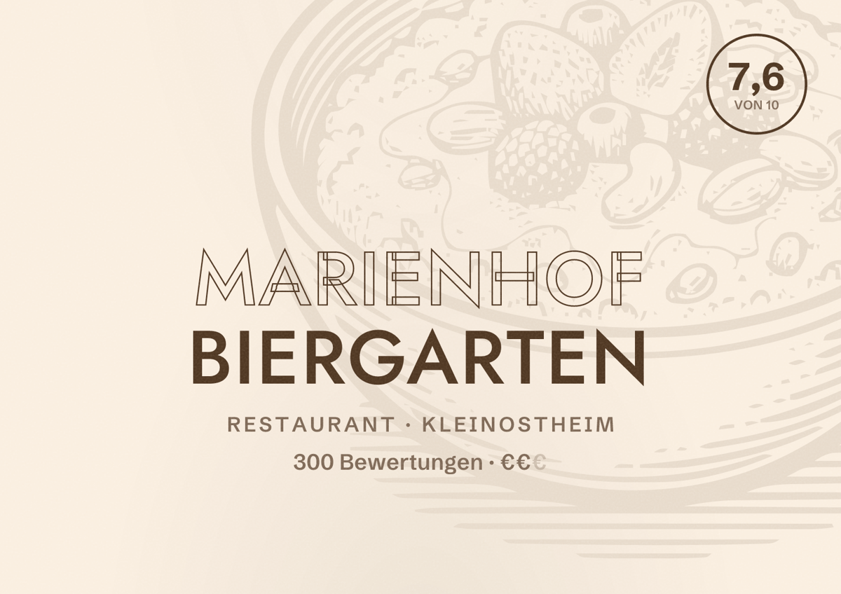 Illustriertes Poster von Marienhof Biergarten, Restaurant in Kleinostheim: Bewertung 7,6 von 10 aus 300 Bewertungen, Preisniveau €€