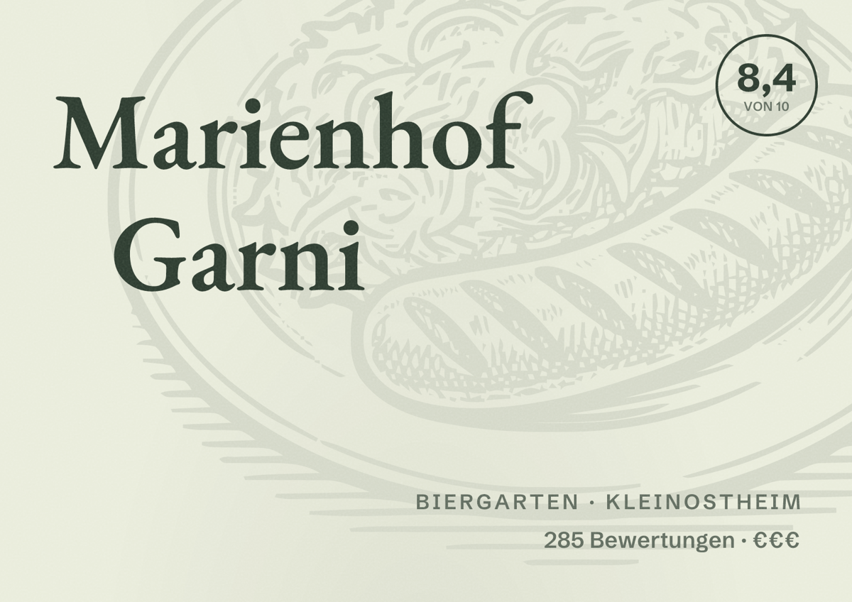 Illustriertes Poster von Marienhof Garni, Biergarten in Kleinostheim: Bewertung 8,4 von 10 aus 285 Bewertungen, Preisniveau €€€