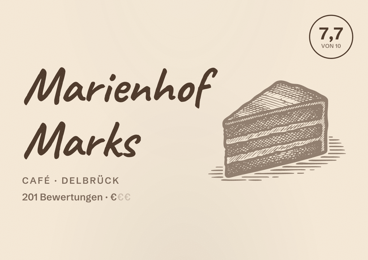 Illustriertes Poster von Marienhof Marks, Café in Delbrück: Bewertung 7,7 von 10 aus 201 Bewertungen, Preisniveau €