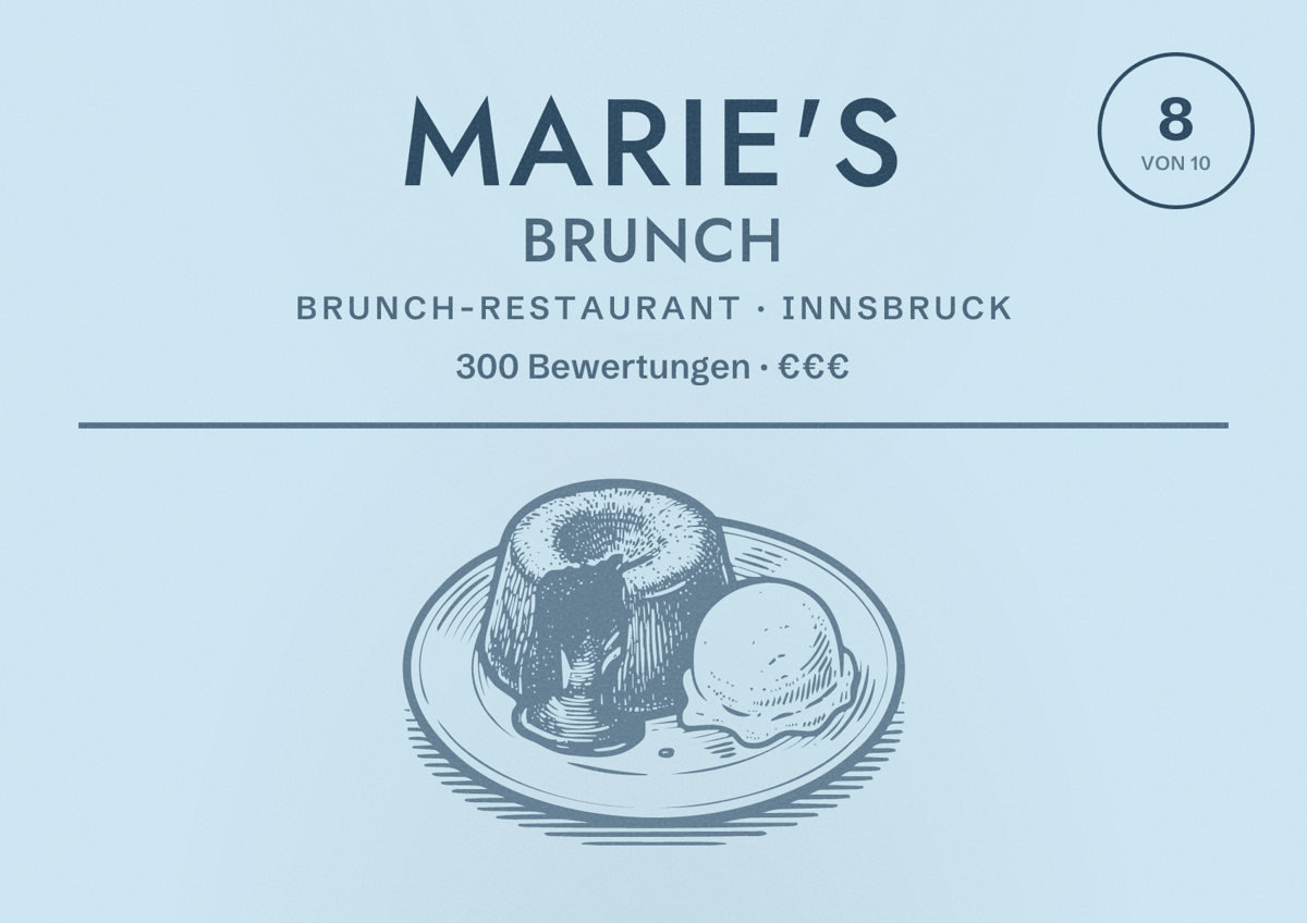 Illustriertes Poster von Marie's Brunch, Brunch-Restaurant in Innsbruck: Bewertung 8 von 10 aus 300 Bewertungen, Preisniveau €€€