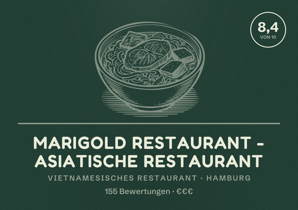 Illustriertes Poster von Marigold Restaurant - Asiatische Restaurant, Vietnamesisches Restaurant in Hamburg: Bewertung 8,4 von 10 aus 155 Bewertungen, Preisniveau €€€