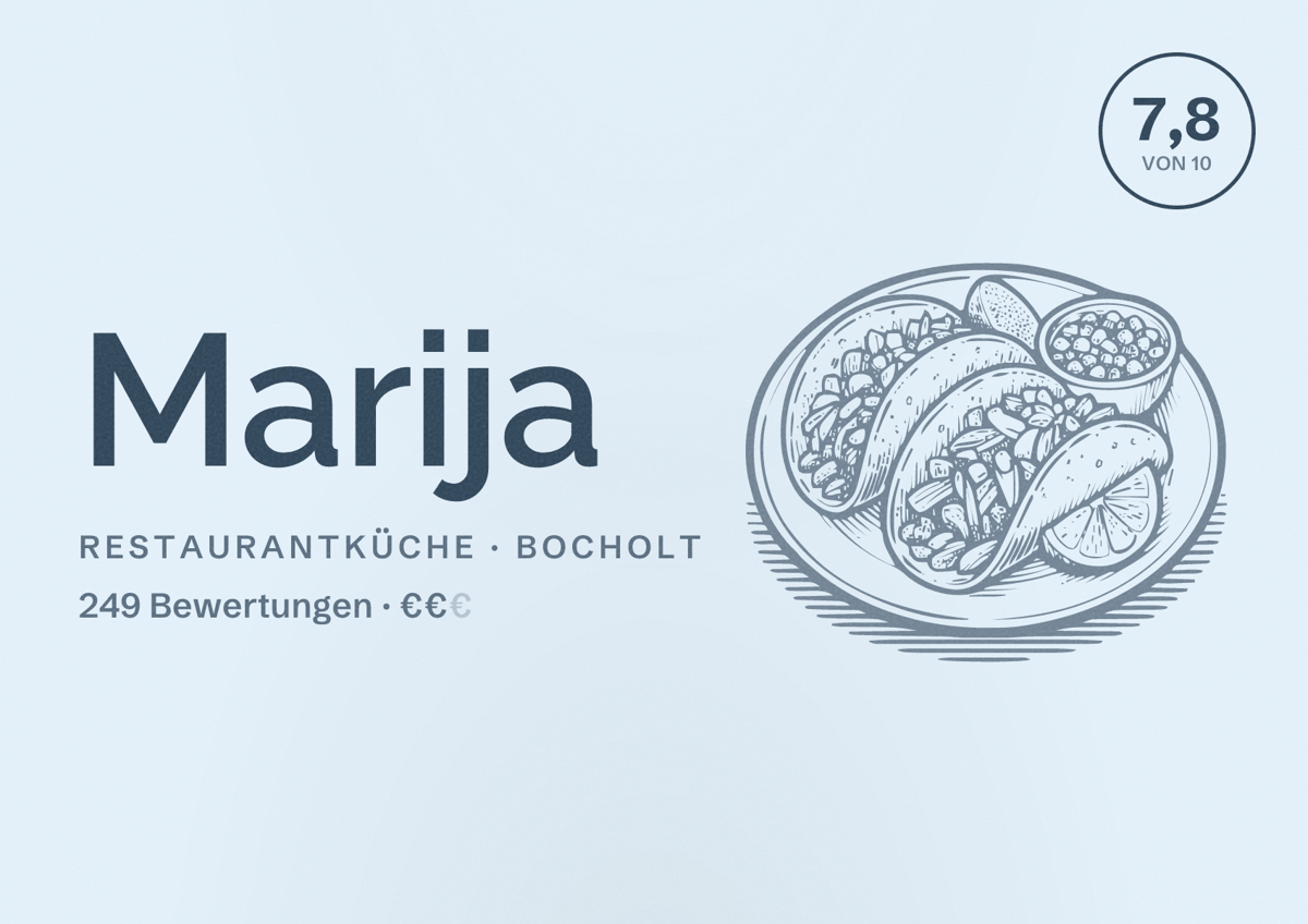 Illustriertes Poster von Marija, Restaurantküche in Bocholt: Bewertung 7,8 von 10 aus 249 Bewertungen, Preisniveau €€
