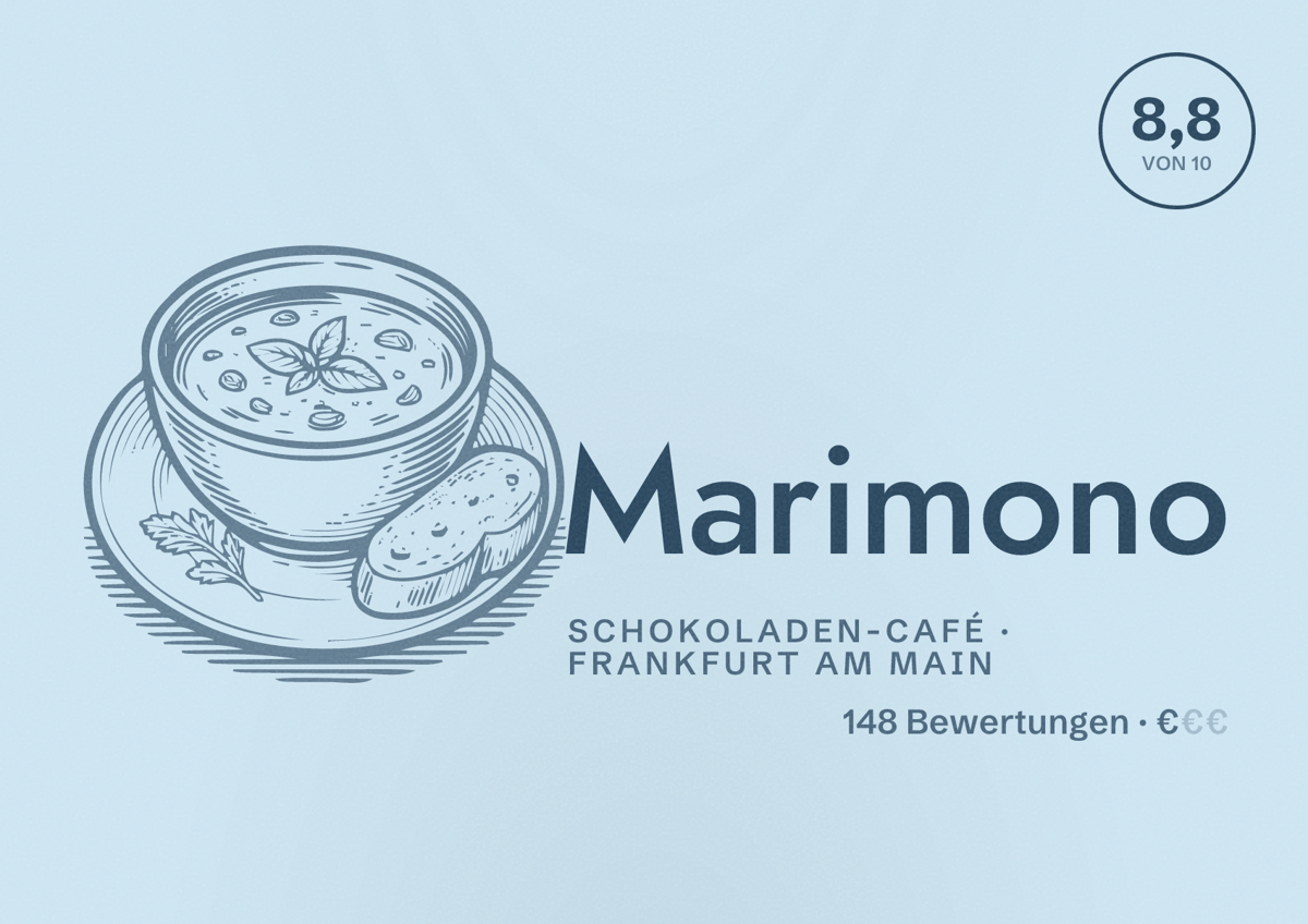 Illustriertes Poster von Marimono, Schokoladen-Café in Frankfurt am Main: Bewertung 8,8 von 10 aus 148 Bewertungen, Preisniveau €
