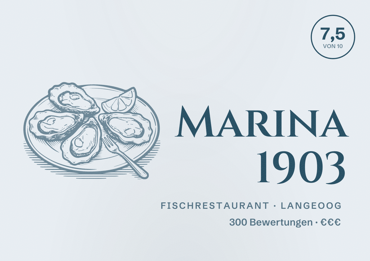 Illustriertes Poster von Marina 1903, Fischrestaurant in Langeoog: Bewertung 7,5 von 10 aus 300 Bewertungen, Preisniveau €€€
