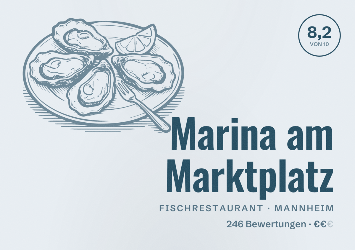 Illustriertes Poster von Marina am Marktplatz, Fischrestaurant in Mannheim: Bewertung 8,2 von 10 aus 246 Bewertungen, Preisniveau €€