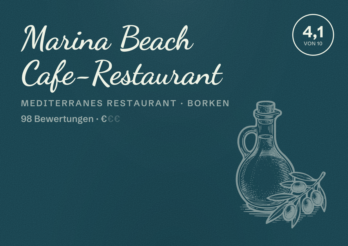 Illustriertes Poster von Marina Beach Cafe-Restaurant, Mediterranes Restaurant in Borken: Bewertung 4,1 von 10 aus 98 Bewertungen, Preisniveau €