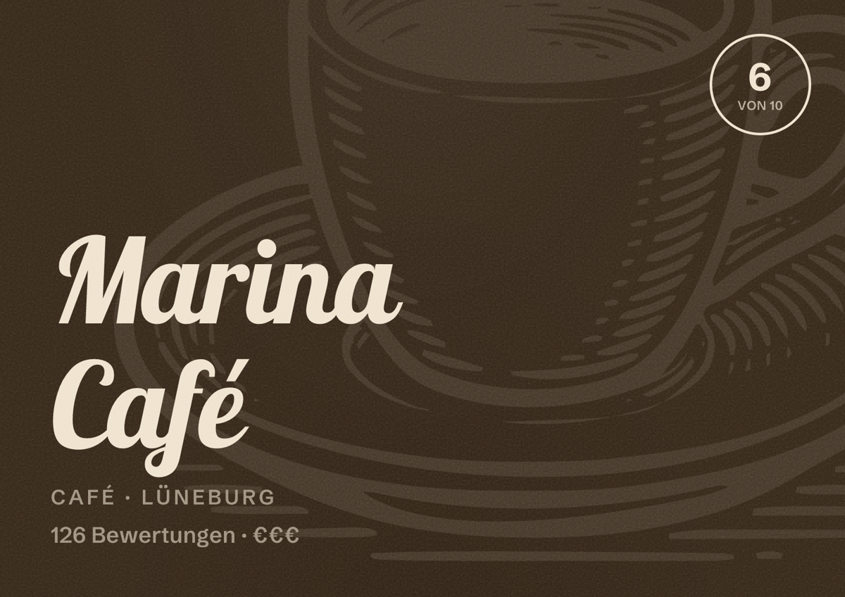 Illustriertes Poster von Marina Café, Café in Lüneburg: Bewertung 6 von 10 aus 126 Bewertungen, Preisniveau €€€