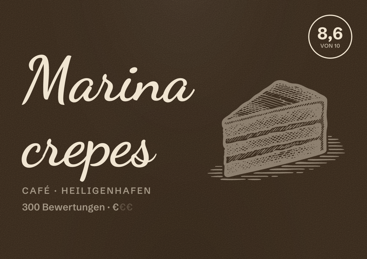 Illustriertes Poster von Marina crepes, Café in Heiligenhafen: Bewertung 8,6 von 10 aus 300 Bewertungen, Preisniveau €