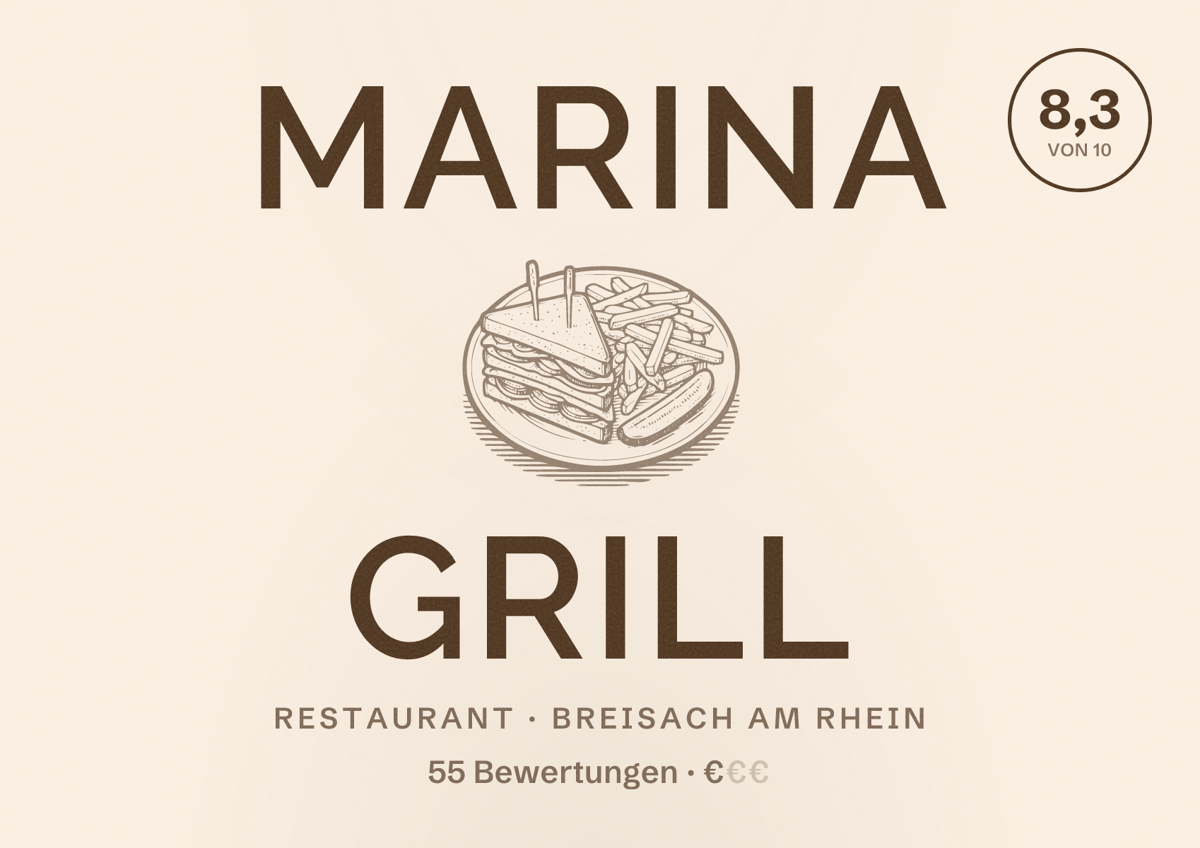 Illustriertes Poster von MARINA GRILL, Restaurant in Breisach am Rhein: Bewertung 8,3 von 10 aus 55 Bewertungen, Preisniveau €