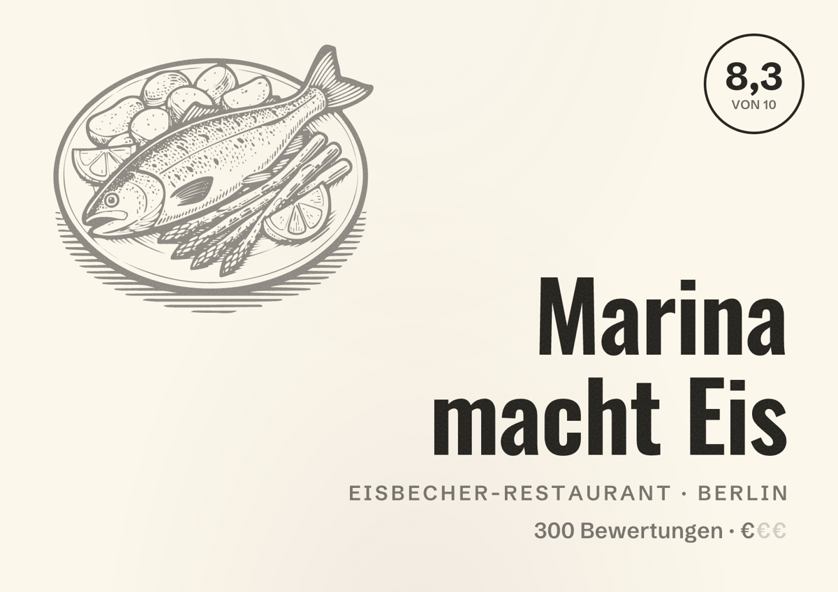 Illustriertes Poster von Marina macht Eis, Eisbecher-Restaurant in Berlin: Bewertung 8,3 von 10 aus 300 Bewertungen, Preisniveau €