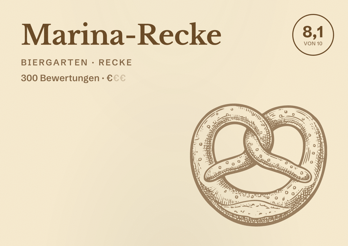 Illustriertes Poster von Marina-Recke, Biergarten in Recke: Bewertung 8,1 von 10 aus 300 Bewertungen, Preisniveau €