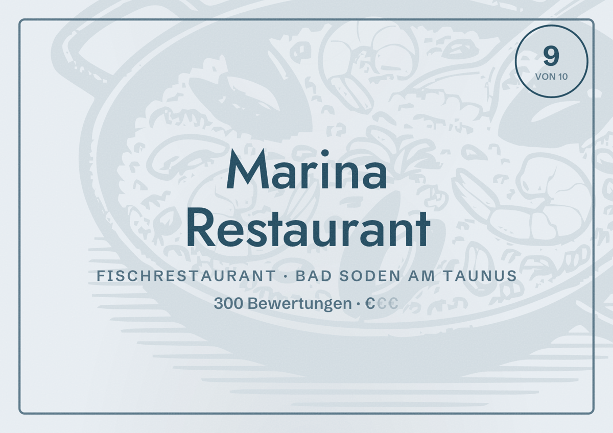 Illustriertes Poster von Marina Restaurant, Fischrestaurant in Bad Soden am Taunus: Bewertung 9 von 10 aus 300 Bewertungen, Preisniveau €