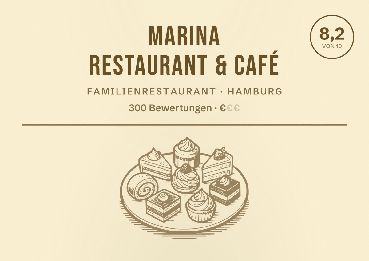Illustriertes Poster von Marina Restaurant & Café, Familienrestaurant in Hamburg: Bewertung 8,2 von 10 aus 300 Bewertungen, Preisniveau €