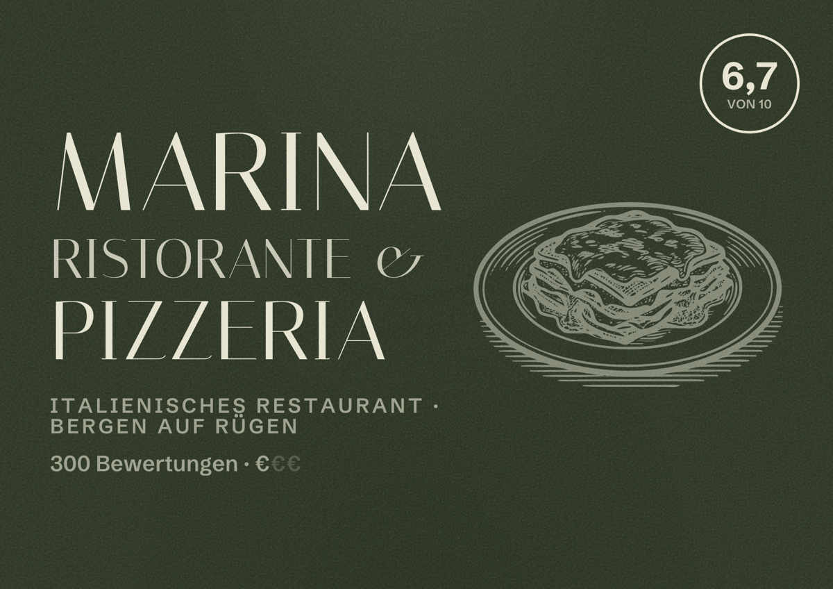Illustriertes Poster von Marina Ristorante & Pizzeria, Italienisches Restaurant in Bergen auf Rügen: Bewertung 6,7 von 10 aus 300 Bewertungen, Preisniveau €