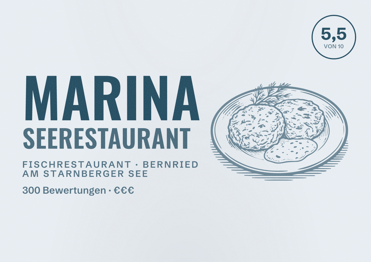 Illustriertes Poster von Marina Seerestaurant, Fischrestaurant in Bernried am Starnberger See: Bewertung 5,5 von 10 aus 300 Bewertungen, Preisniveau €€€