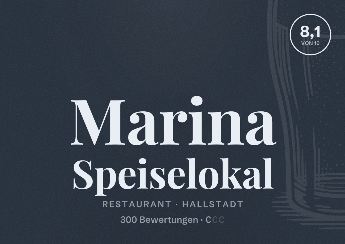 Illustriertes Poster von Marina Speiselokal, Restaurant in Hallstadt: Bewertung 8,1 von 10 aus 300 Bewertungen, Preisniveau €