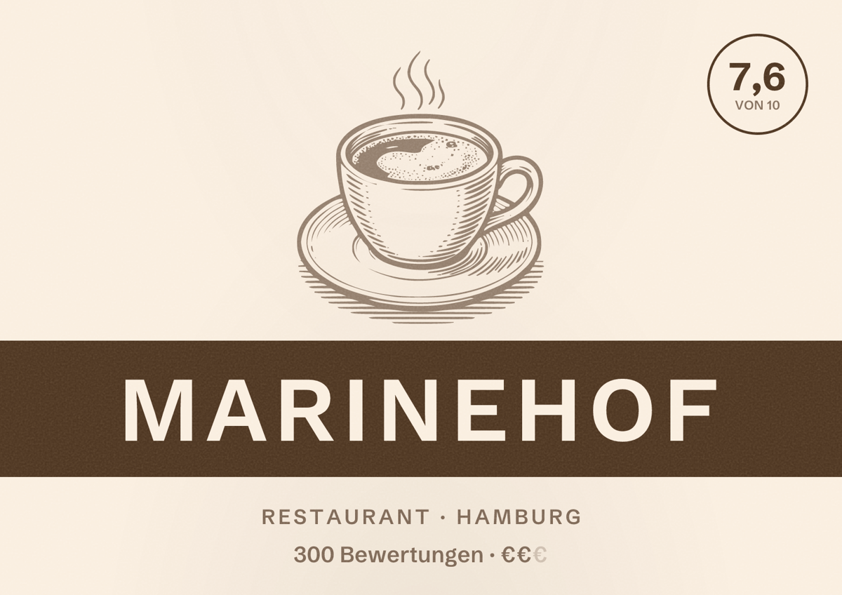 Illustriertes Poster von Marinehof, Restaurant in Hamburg: Bewertung 7,6 von 10 aus 300 Bewertungen, Preisniveau €€