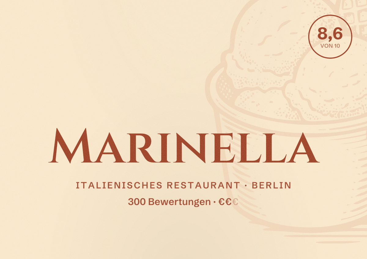 Illustriertes Poster von Marinella, Italienisches Restaurant in Berlin: Bewertung 8,6 von 10 aus 300 Bewertungen, Preisniveau €€