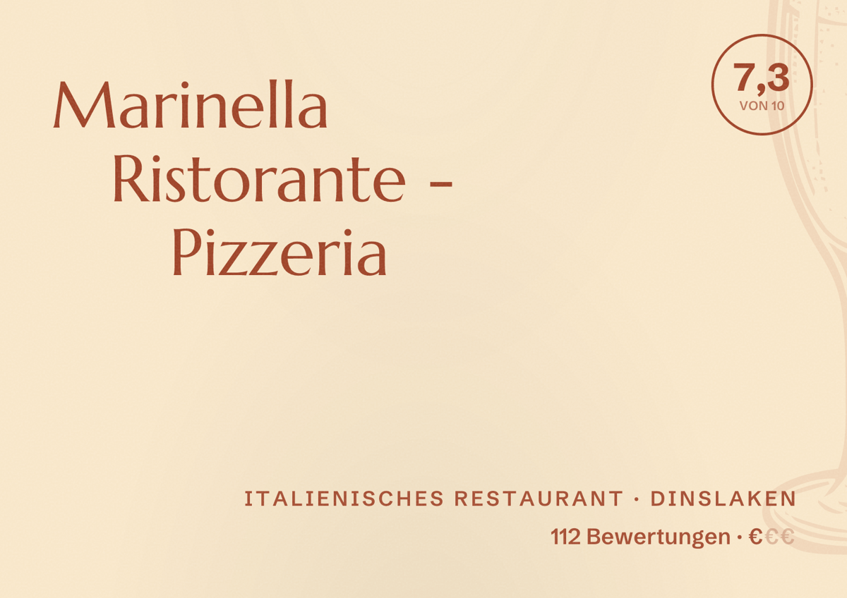 Illustriertes Poster von Marinella Ristorante - Pizzeria, Italienisches Restaurant in Dinslaken: Bewertung 7,3 von 10 aus 112 Bewertungen, Preisniveau €