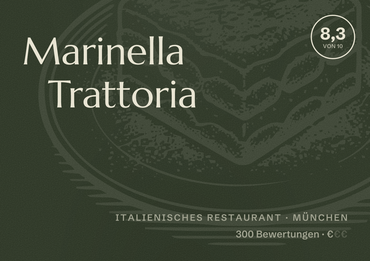 Illustriertes Poster von Marinella Trattoria, Italienisches Restaurant in München: Bewertung 8,3 von 10 aus 300 Bewertungen, Preisniveau €