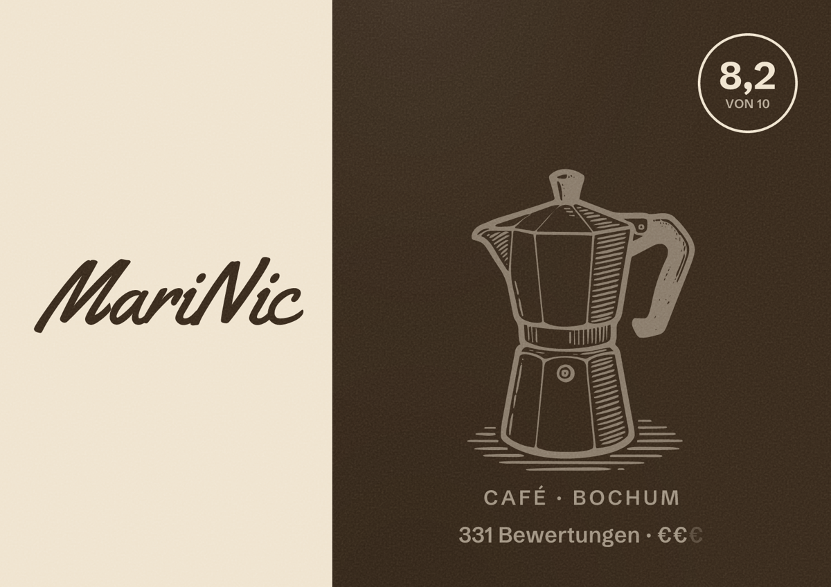 Illustriertes Poster von MariNic, Café in Bochum: Bewertung 8,2 von 10 aus 331 Bewertungen, Preisniveau €€