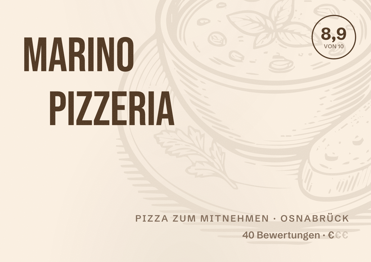 Illustriertes Poster von Marino Pizzeria, Pizza zum Mitnehmen in Osnabrück: Bewertung 8,9 von 10 aus 40 Bewertungen, Preisniveau €