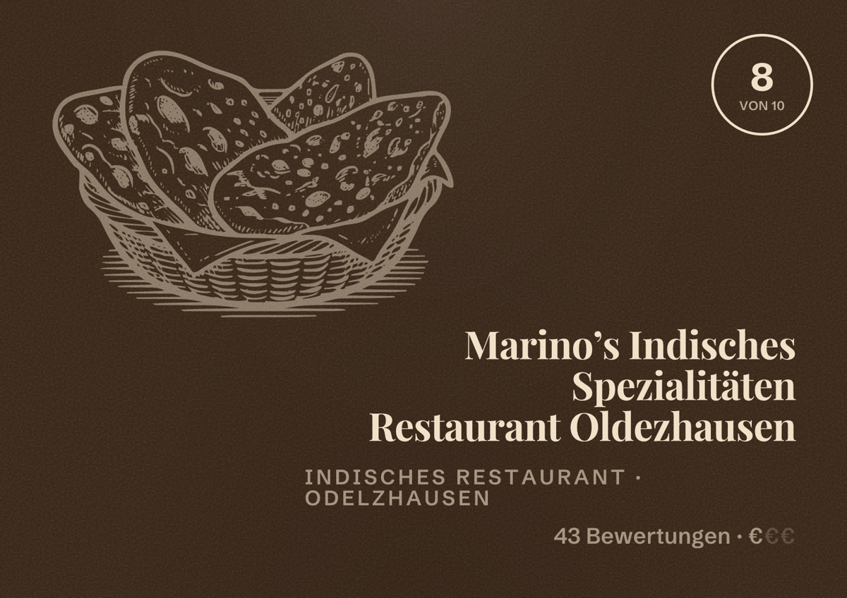 Illustriertes Poster von Marino’s Indisches Spezialitäten Restaurant Oldezhausen, Indisches Restaurant in Odelzhausen: Bewertung 8 von 10 aus 43 Bewertungen, Preisniveau €