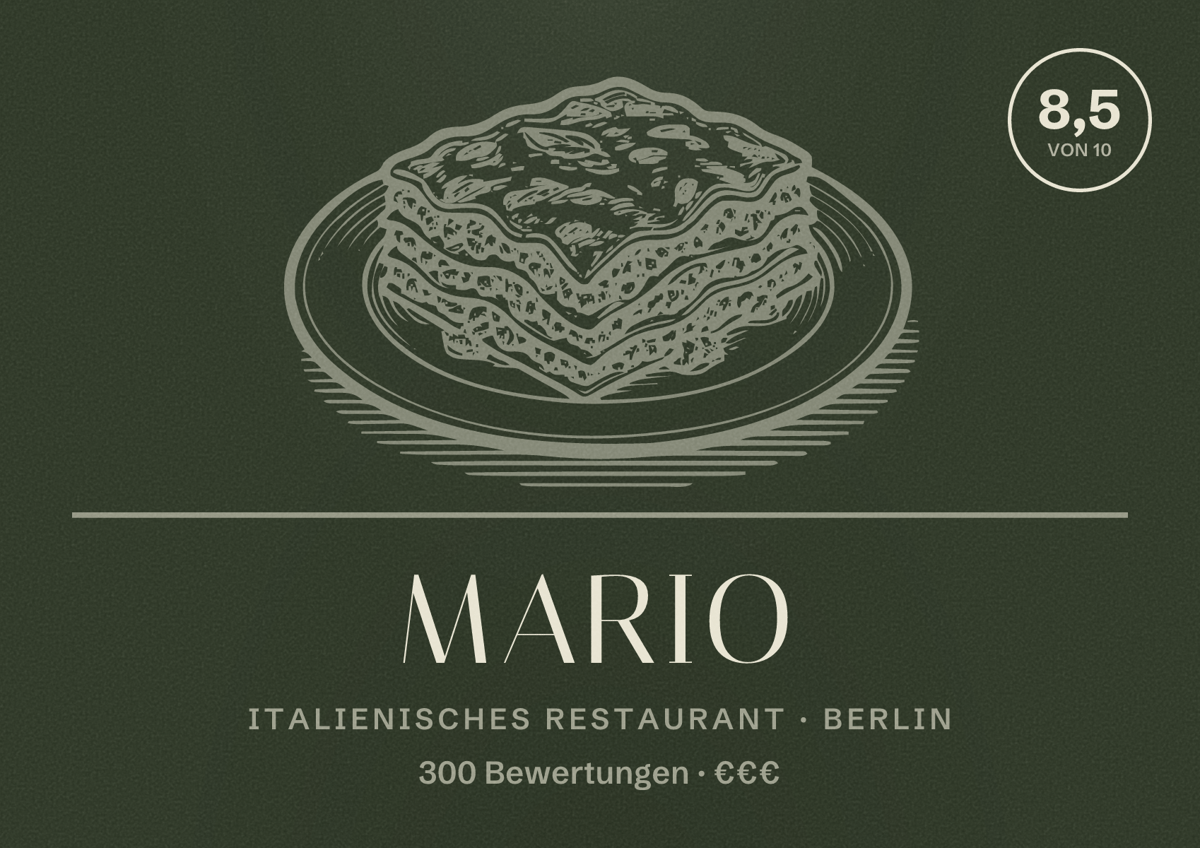 Illustriertes Poster von Mario, Italienisches Restaurant in Berlin: Bewertung 8,5 von 10 aus 300 Bewertungen, Preisniveau €€€