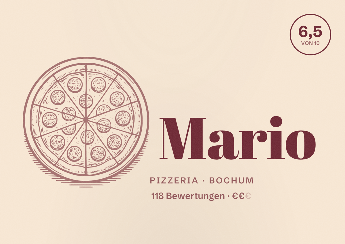 Illustriertes Poster von Mario, Pizzeria in Bochum: Bewertung 6,5 von 10 aus 118 Bewertungen, Preisniveau €€