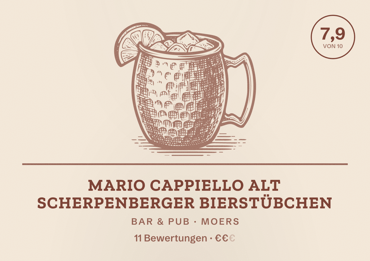 Illustriertes Poster von Mario Cappiello Alt Scherpenberger Bierstübchen, Bar & Pub in Moers: Bewertung 7,9 von 10 aus 11 Bewertungen, Preisniveau €€