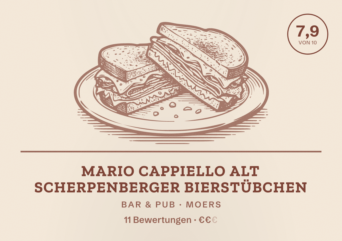 Illustriertes Poster von Mario Cappiello Alt Scherpenberger Bierstübchen, Bar & Pub in Moers: Bewertung 7,9 von 10 aus 11 Bewertungen, Preisniveau €€