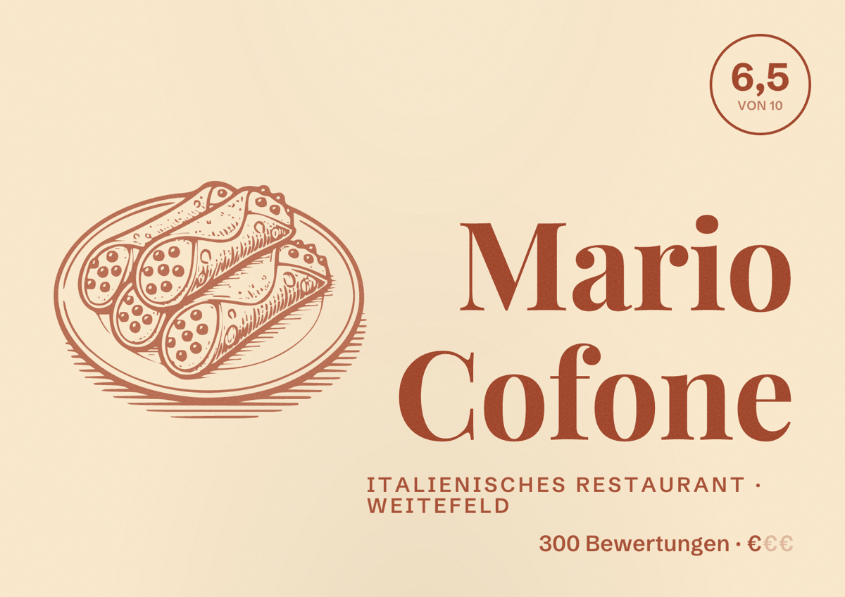 Illustriertes Poster von Mario Cofone, Italienisches Restaurant in Weitefeld: Bewertung 6,5 von 10 aus 300 Bewertungen, Preisniveau €